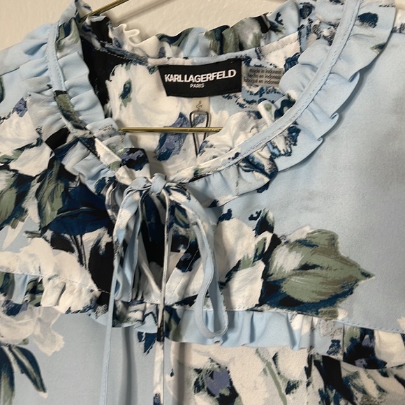 Karl Lagerfeld Paris Floral Printed Tie Neck Blouse Blue - Picture 5 of 8